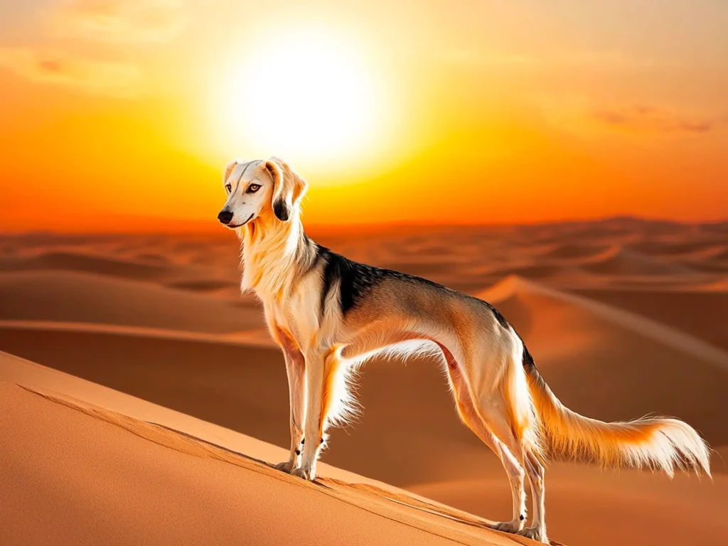 Saluki standing on a desert dune at sunset, showcasing wolf-like traits with its narrow face, almond-shaped eyes, and elegant, streamlined body in a wild desert setting.