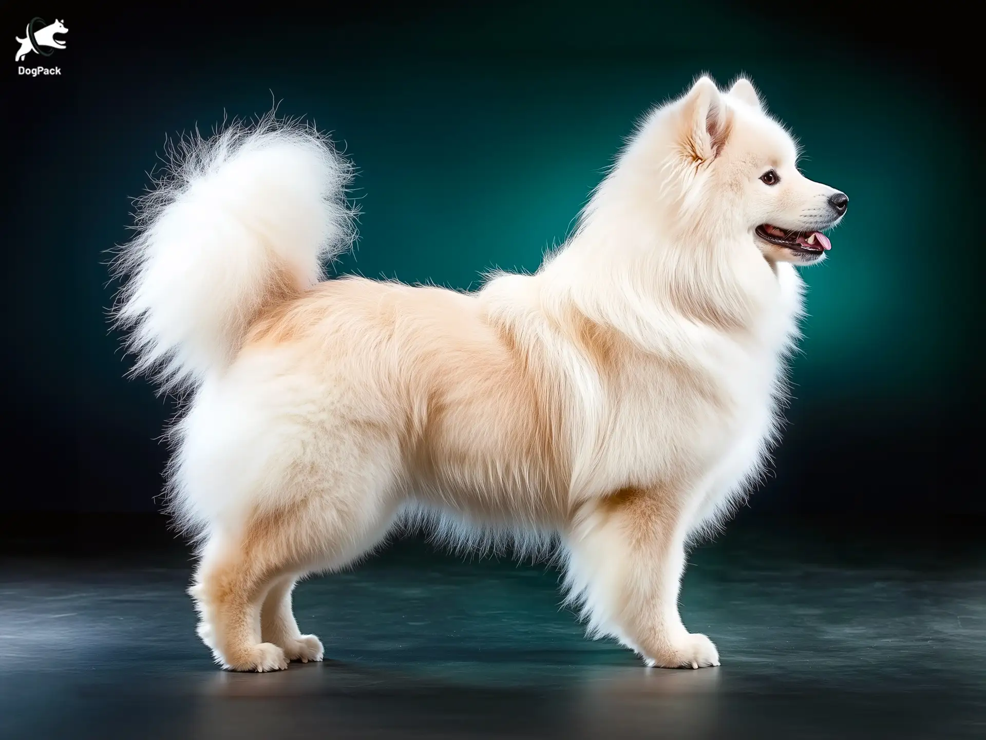 Samoyed Dog breed full body view standing against green background