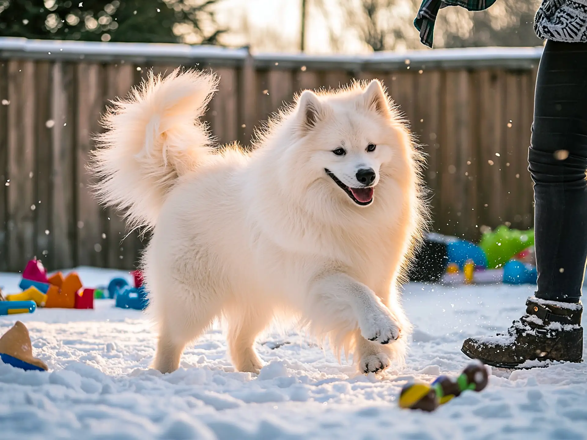 Playful Samoyed dog frolicking in the snow with toys scattered around, showcasing its fluffy white coat and friendly expression