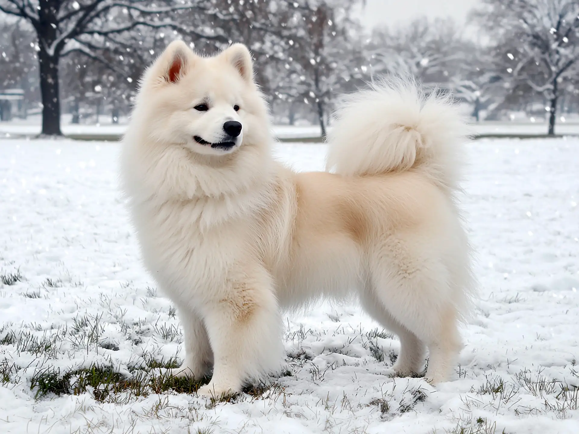 Samoyed dog with a fluffy white coat standing gracefully in a snowy park, surrounded by snowflakes