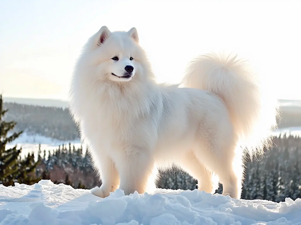 Samoyed standing on a snowy hillside, showcasing wolf-like traits with a thick white coat, erect ears, and broad face under a bright winter sky.