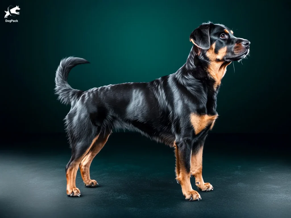 Shepweiler Dog breed full body view standing against green background