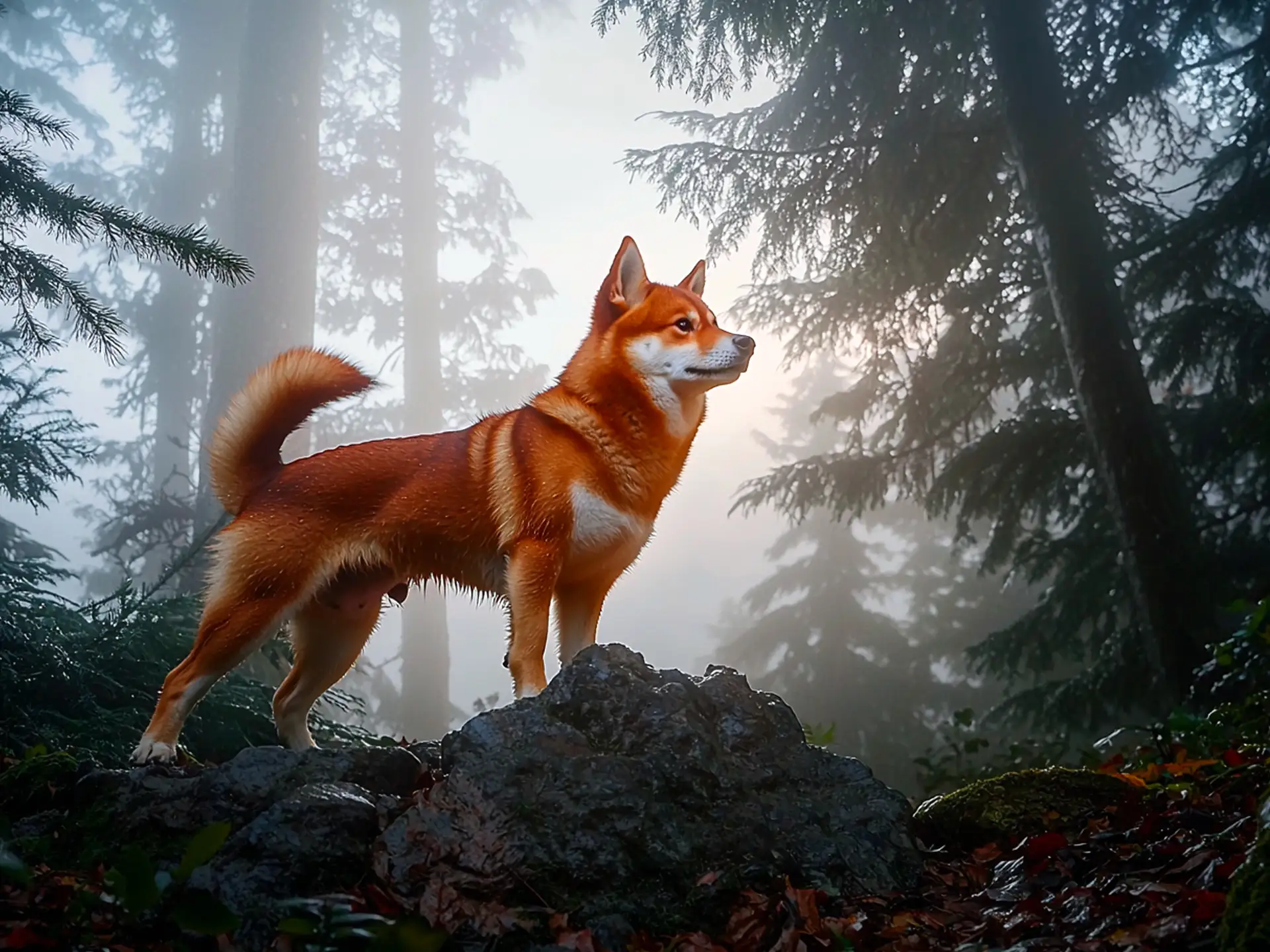 Shiba Inu showcasing wolf-like traits in a misty forest, with a red sesame coat, pointed ears, and a wild, alert stance.