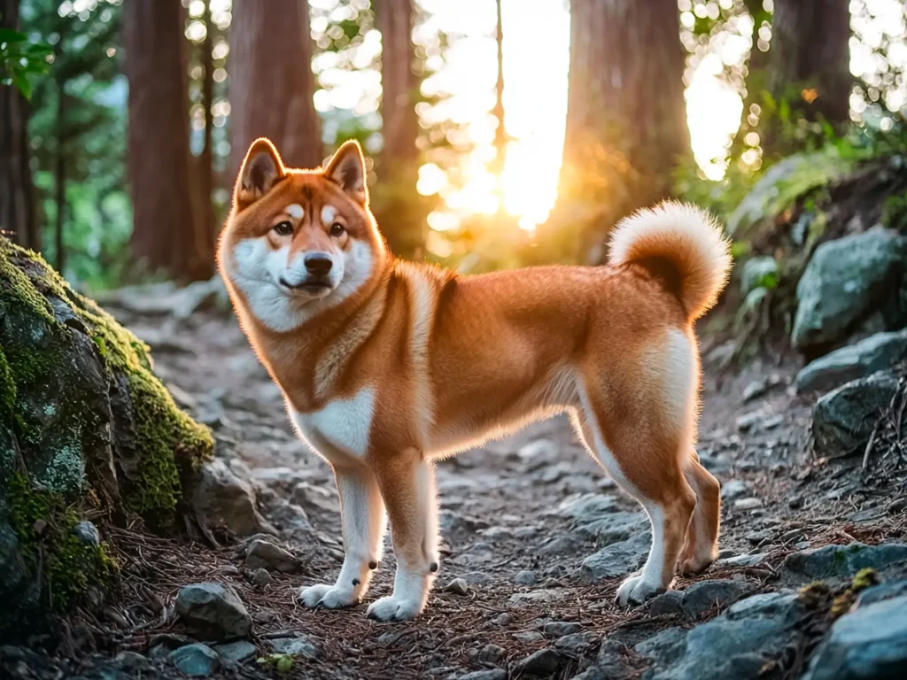 Shikoku Inu standing on a forest trail, showcasing wolf-like traits with its red sesame coat, triangular ears, and alert stance in a wild woodland setting.