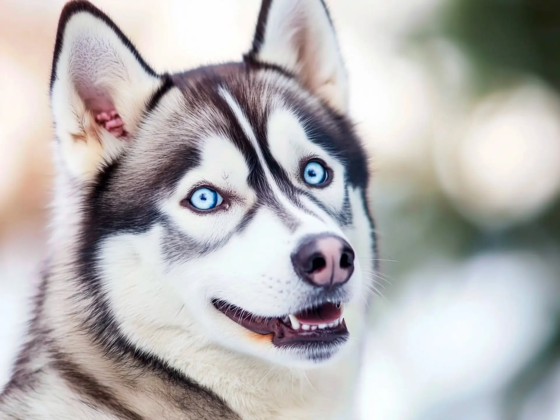 Close-up portrait of a Siberian Husky with striking blue eyes, displaying its iconic wolf-like appearance and expressive face