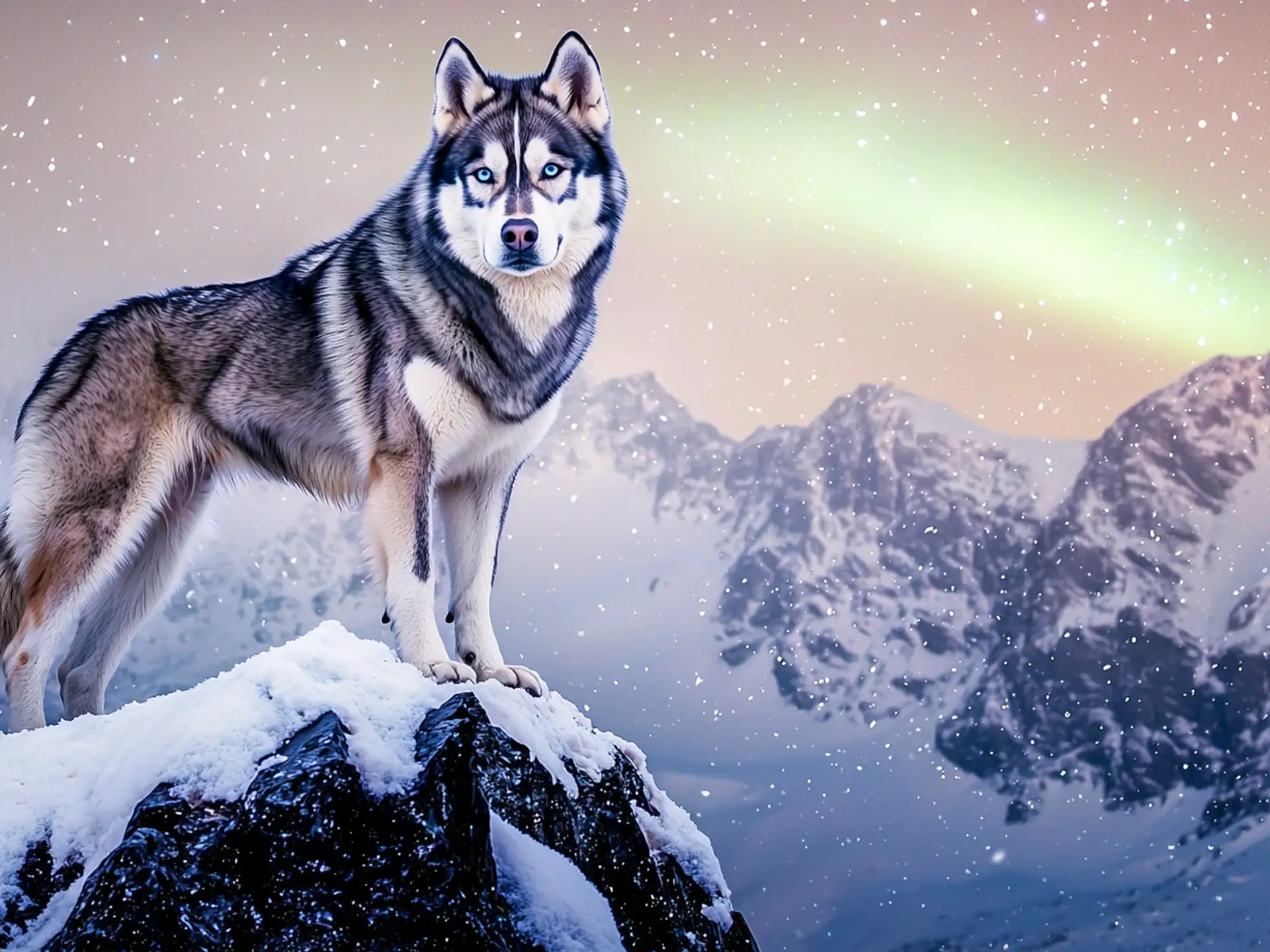 Siberian Husky standing atop a snowy ridge, showcasing its strong build, thick coat, and piercing blue eyes against a backdrop of northern lights.