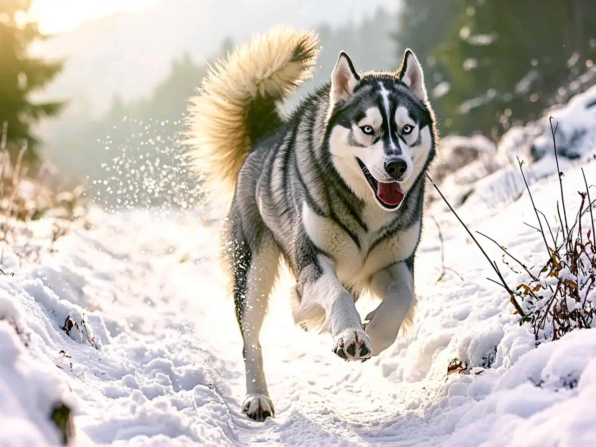 Siberian Husky running through snow with a joyful expression, showcasing its thick coat and bright blue eyes in a winter landscape.