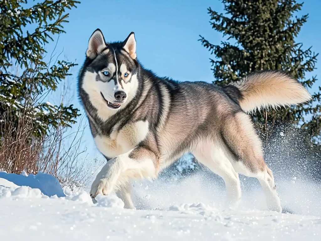 Siberian Husky running through a snowy forest, showcasing wolf-like traits with its thick coat, piercing blue eyes, and streamlined body in a winter wilderness.