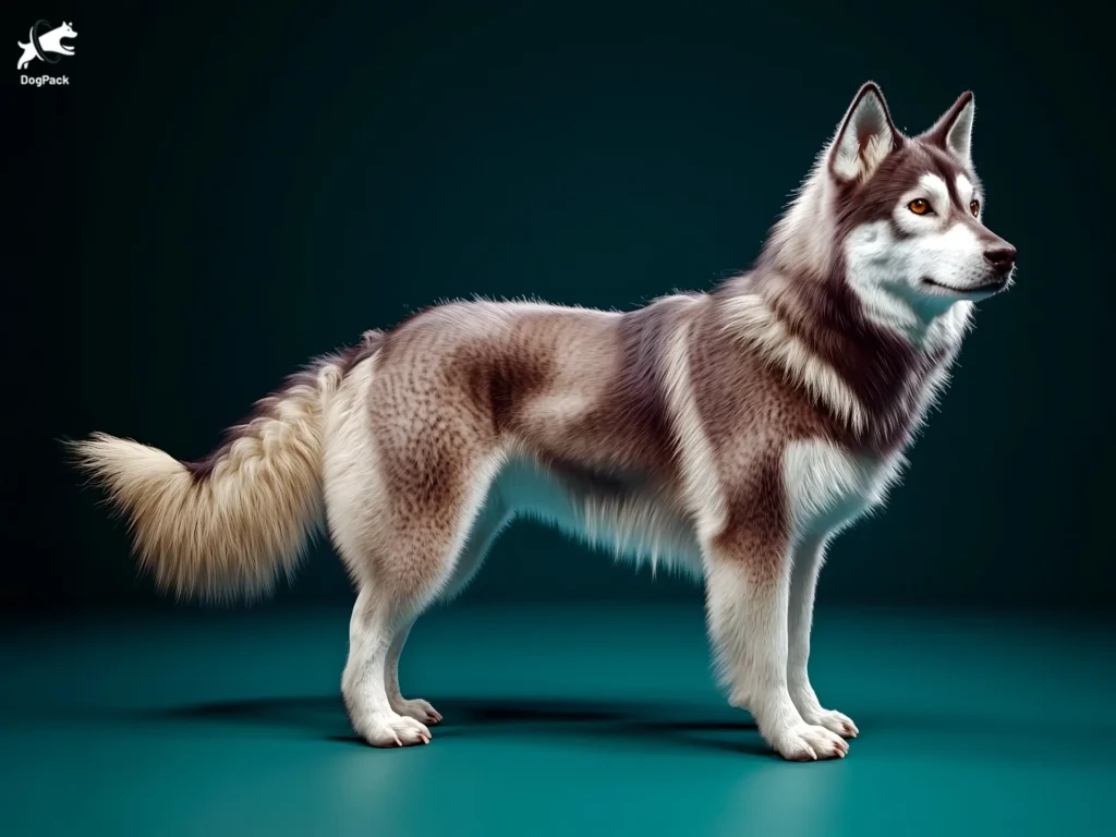 Tamaskan Dog breed full body view standing against green background