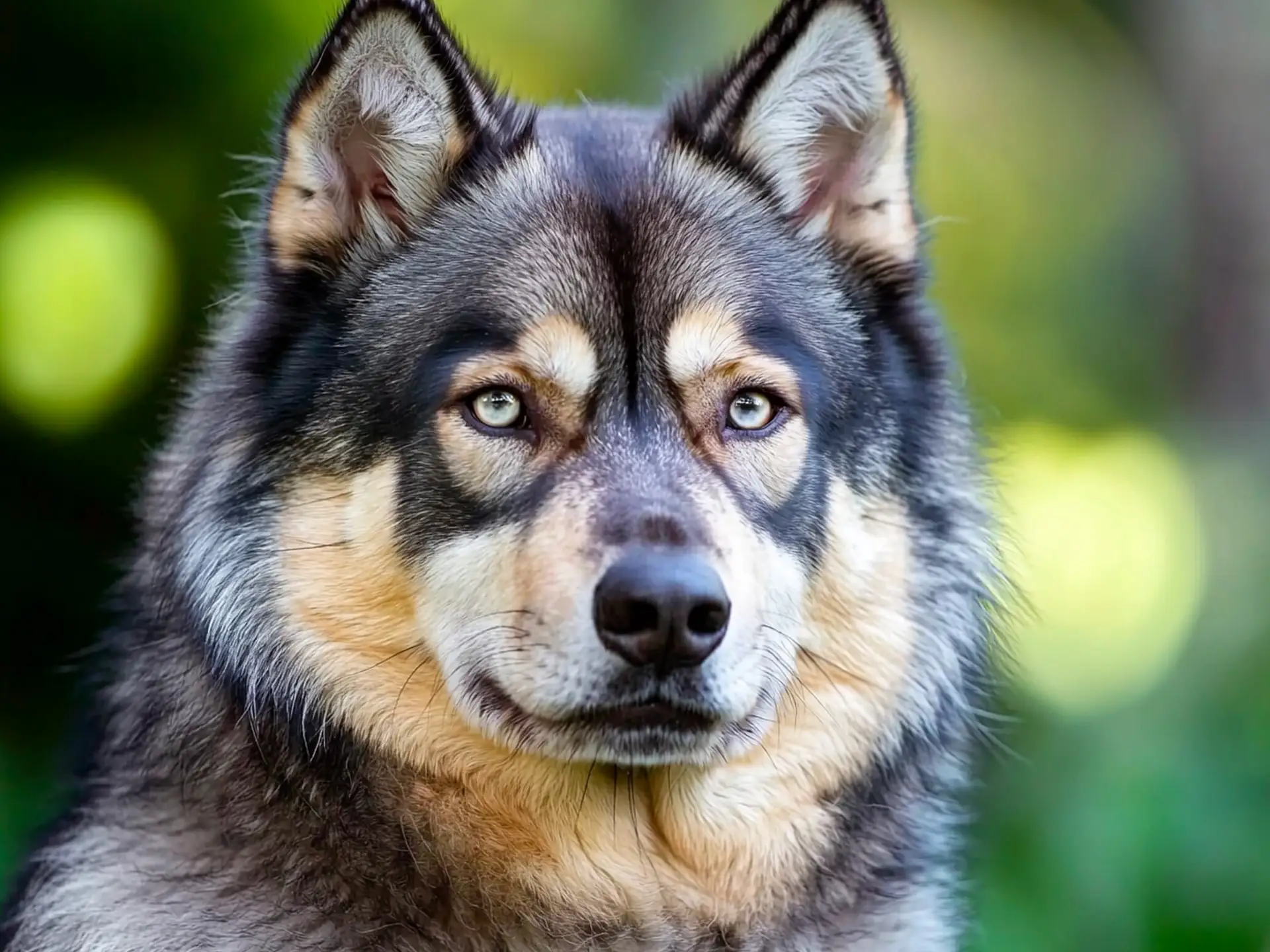 A close-up shot of a Tamaskan dog with piercing eyes and a striking wolf-like face