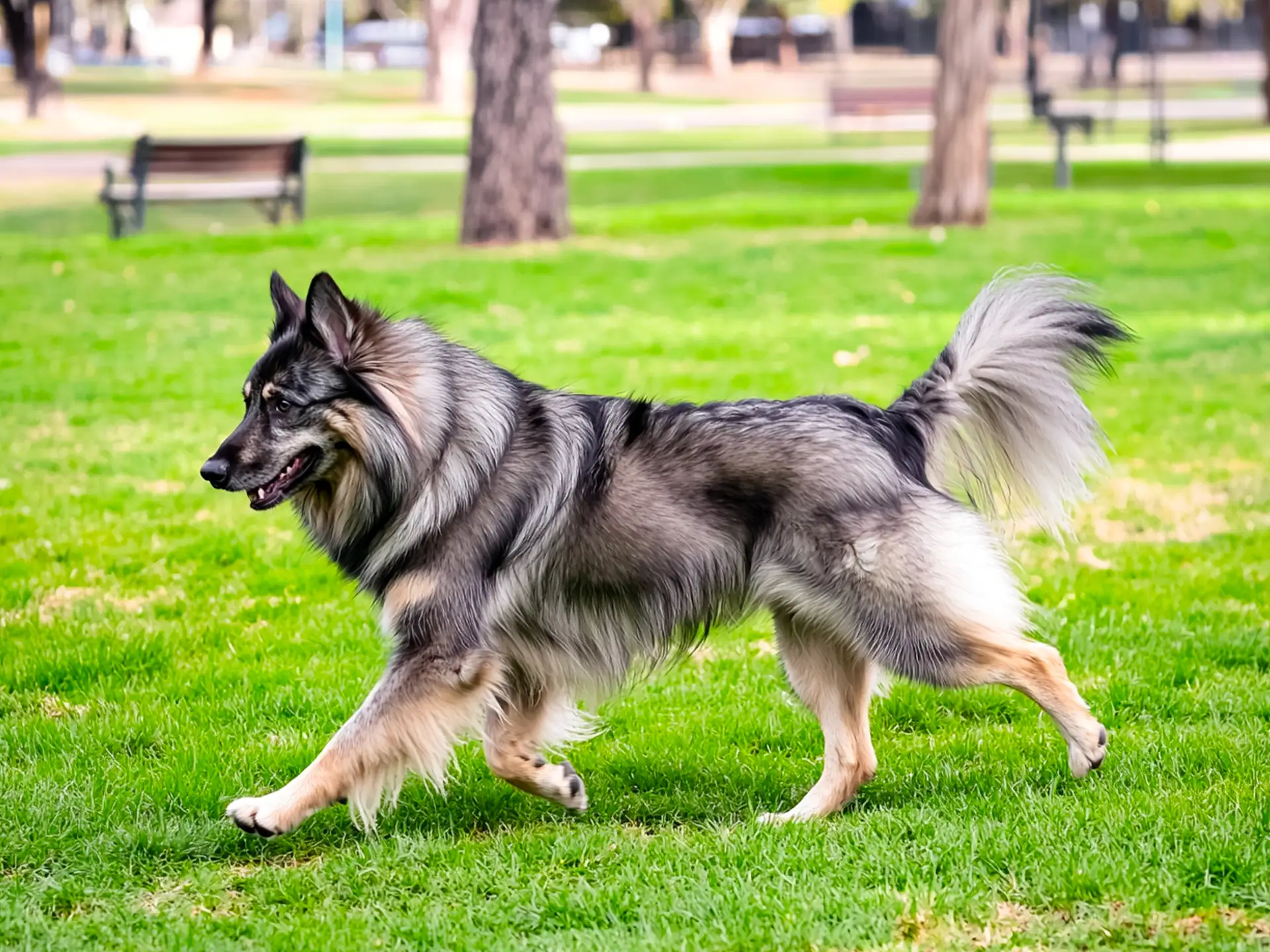 A Tamaskan dog running gracefully in a green park, highlighting its athletic build and bushy tail