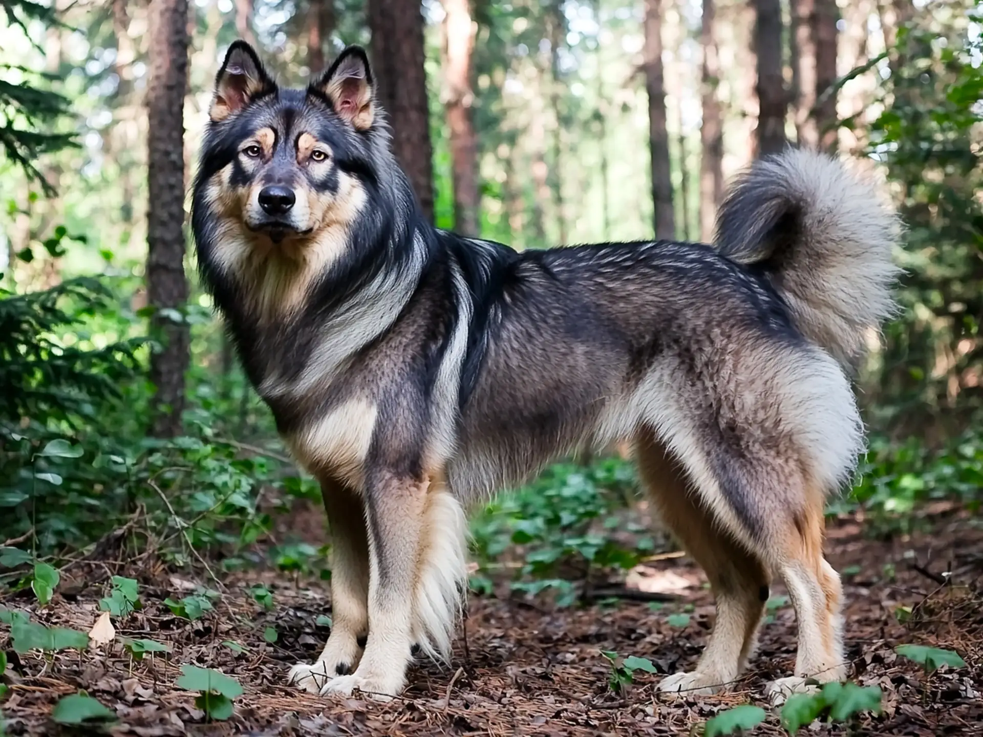 A Tamaskan dog standing in a forest, showcasing its wolf-like appearance and thick coat