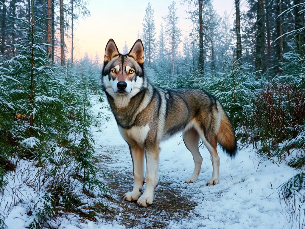 Tamaskan Dog standing on a snowy forest trail, showcasing wolf-like traits with its gray coat, triangular ears, and piercing yellow eyes in a serene wilderness.