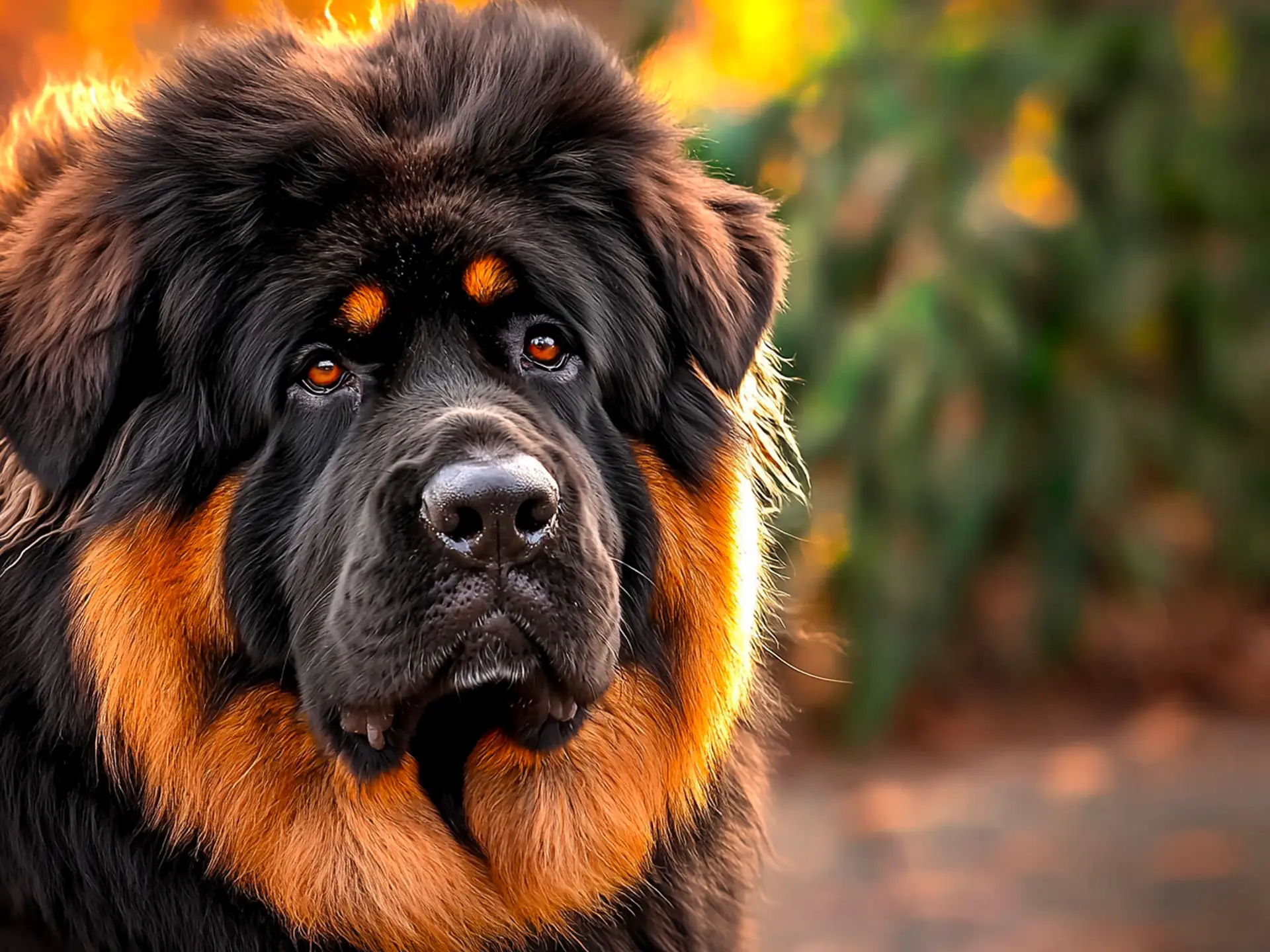 Close-up of a Tibetan Mastiff with a thick black and tan coat in natural lighting