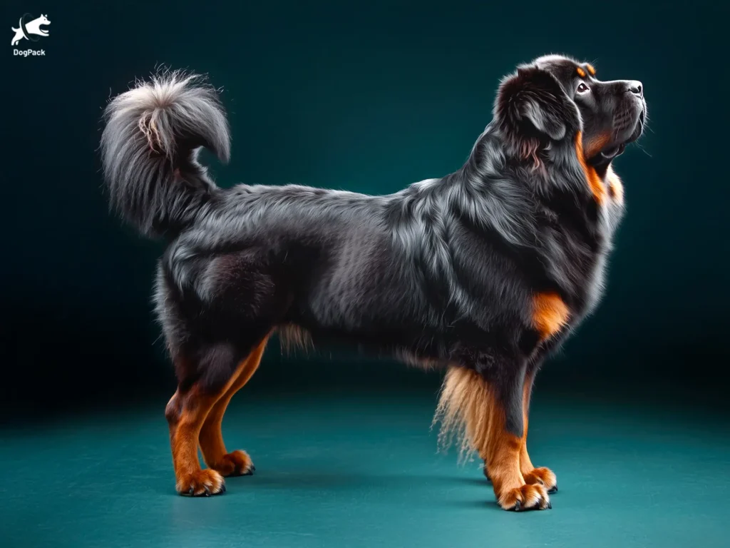 Tibetan Mastiff Dog breed full body view standing against green background