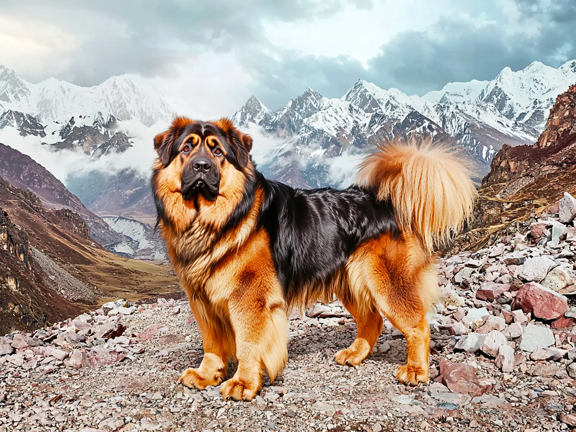 Full-body view of a Tibetan Mastiff with a thick coat in a mountainous landscape