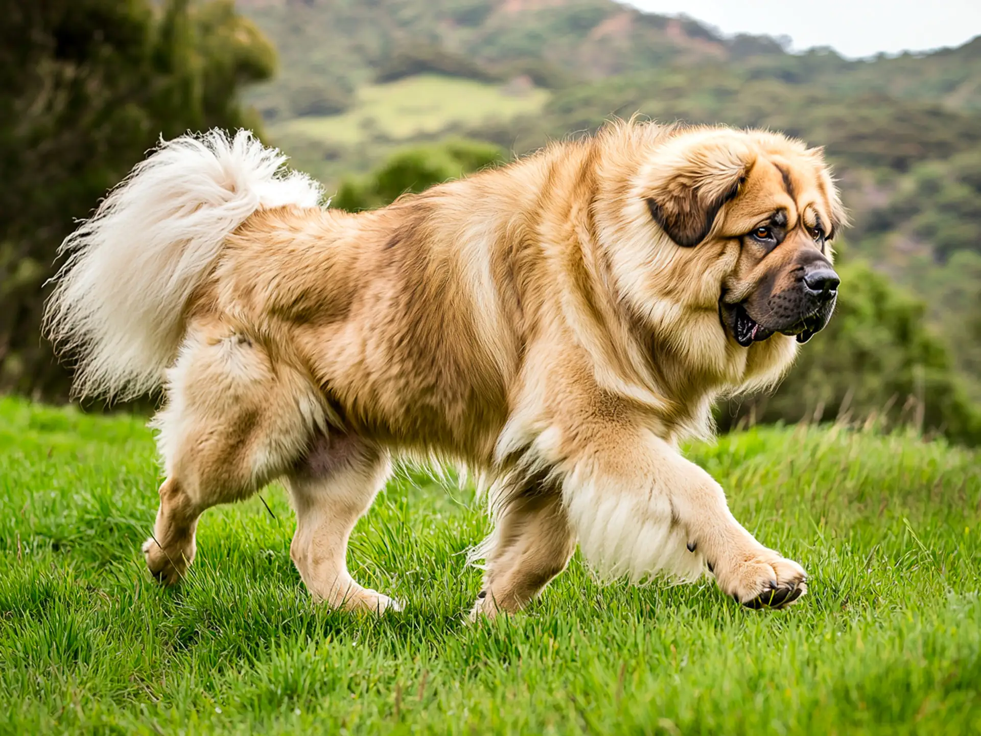 A golden Tibetan Mastiff walking on lush green grass in a scenic outdoor setting