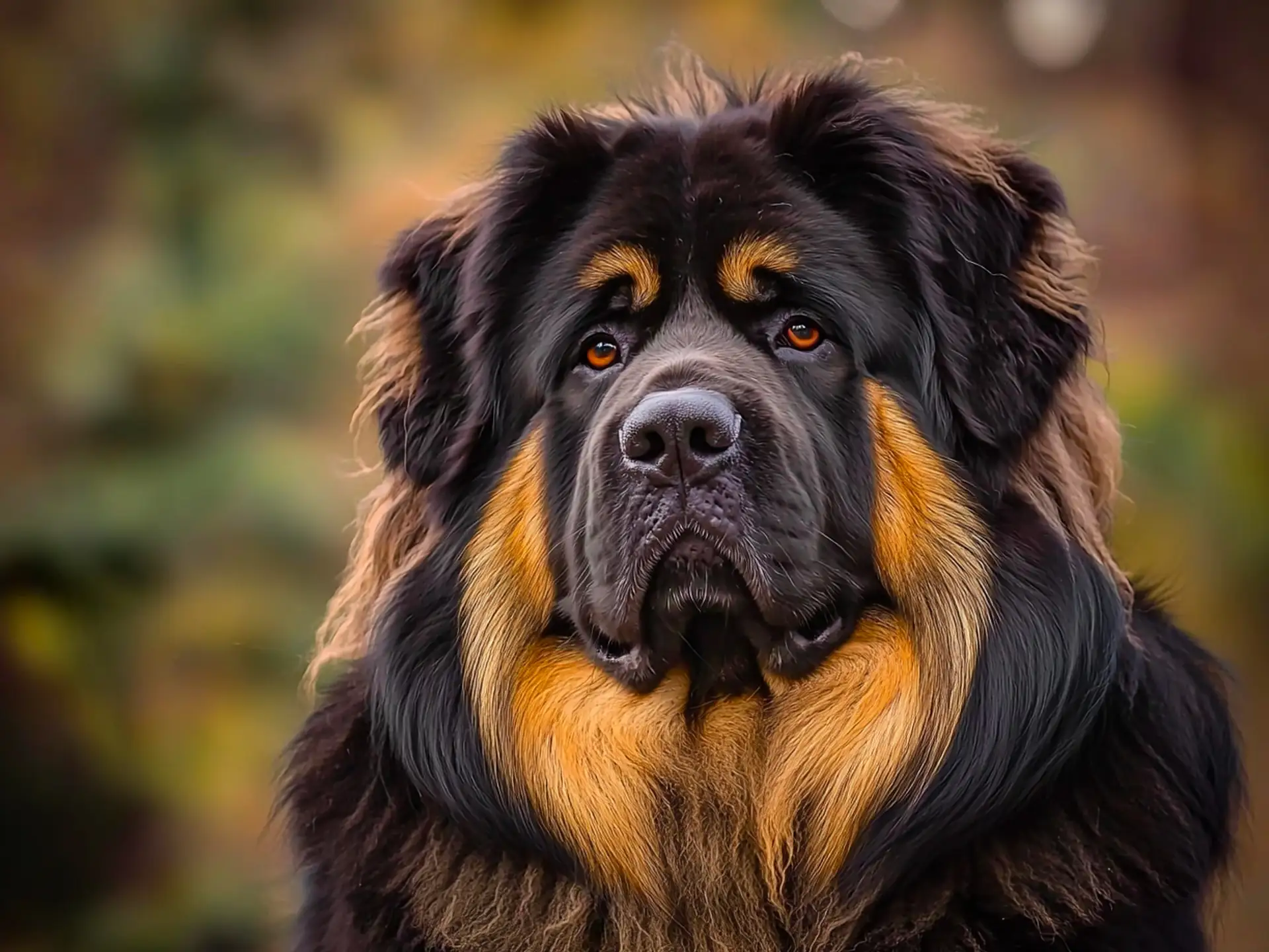 Portrait of a Tibetan Mastiff showcasing its black and tan markings with a serious expression