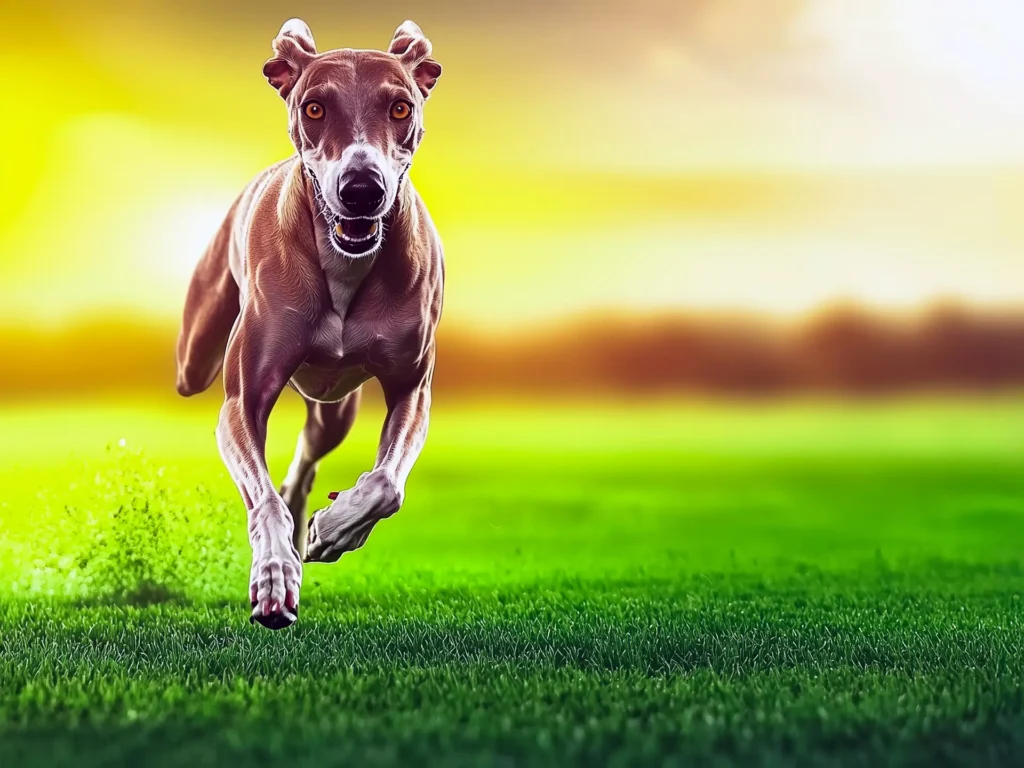 A Greyhound, representing the fastest dog breeds in the world, sprinting across a grassy field at full speed, captured with sharp detail and motion blur.