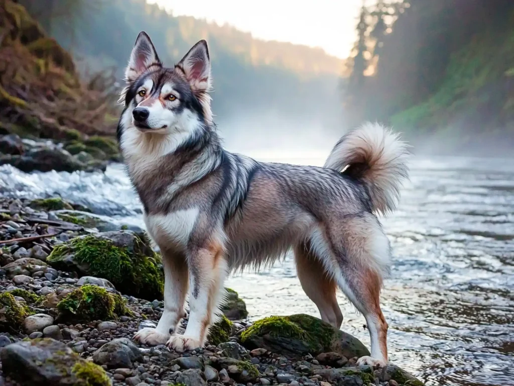 Utonagan dog standing on a rocky riverside, showcasing wolf-like traits with its thick gray coat, triangular ears, and amber eyes in a misty wilderness setting.