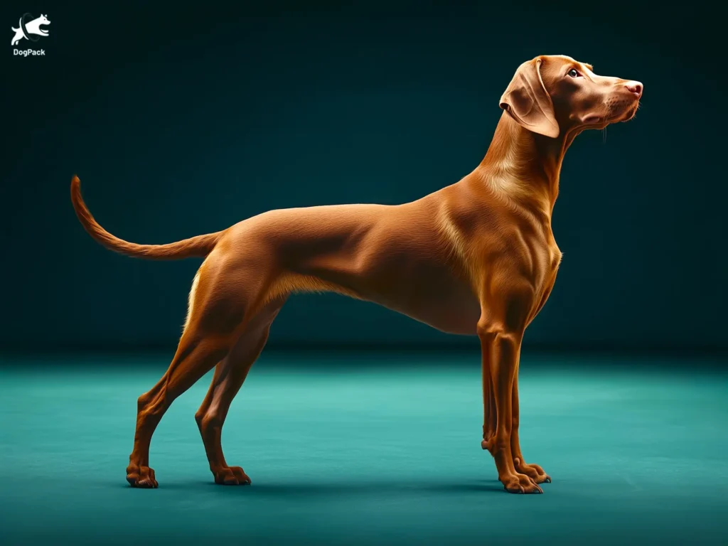 Vizsla Dog breed full body view standing against green background