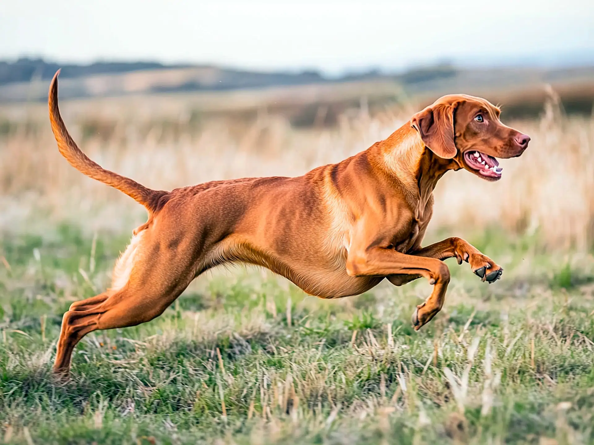 Vizsla dog running energetically through an open field during a sunny day