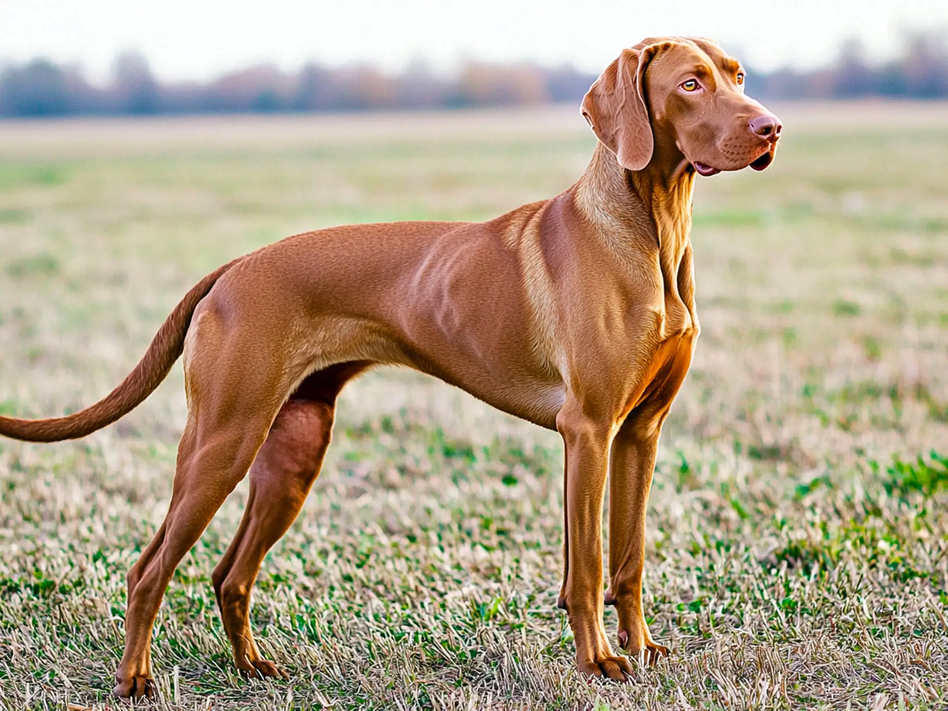 Elegant Vizsla dog standing alert in a field, showcasing its lean and muscular build