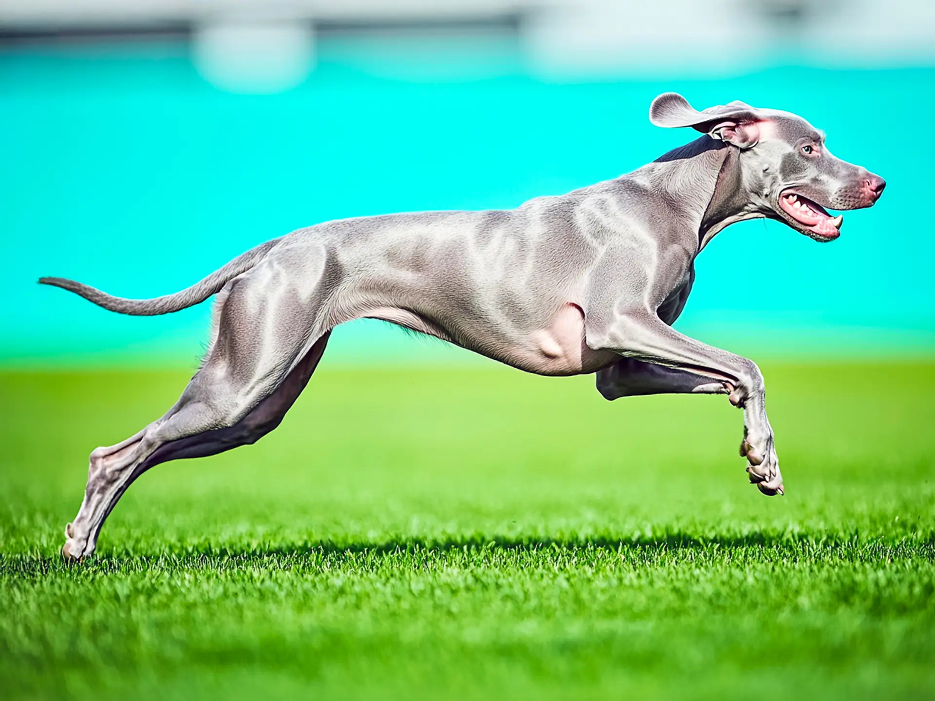 Weimaraner racing across a grassy field, showcasing its sleek silver-gray coat and reputation as a highly athletic and swift dog breed.