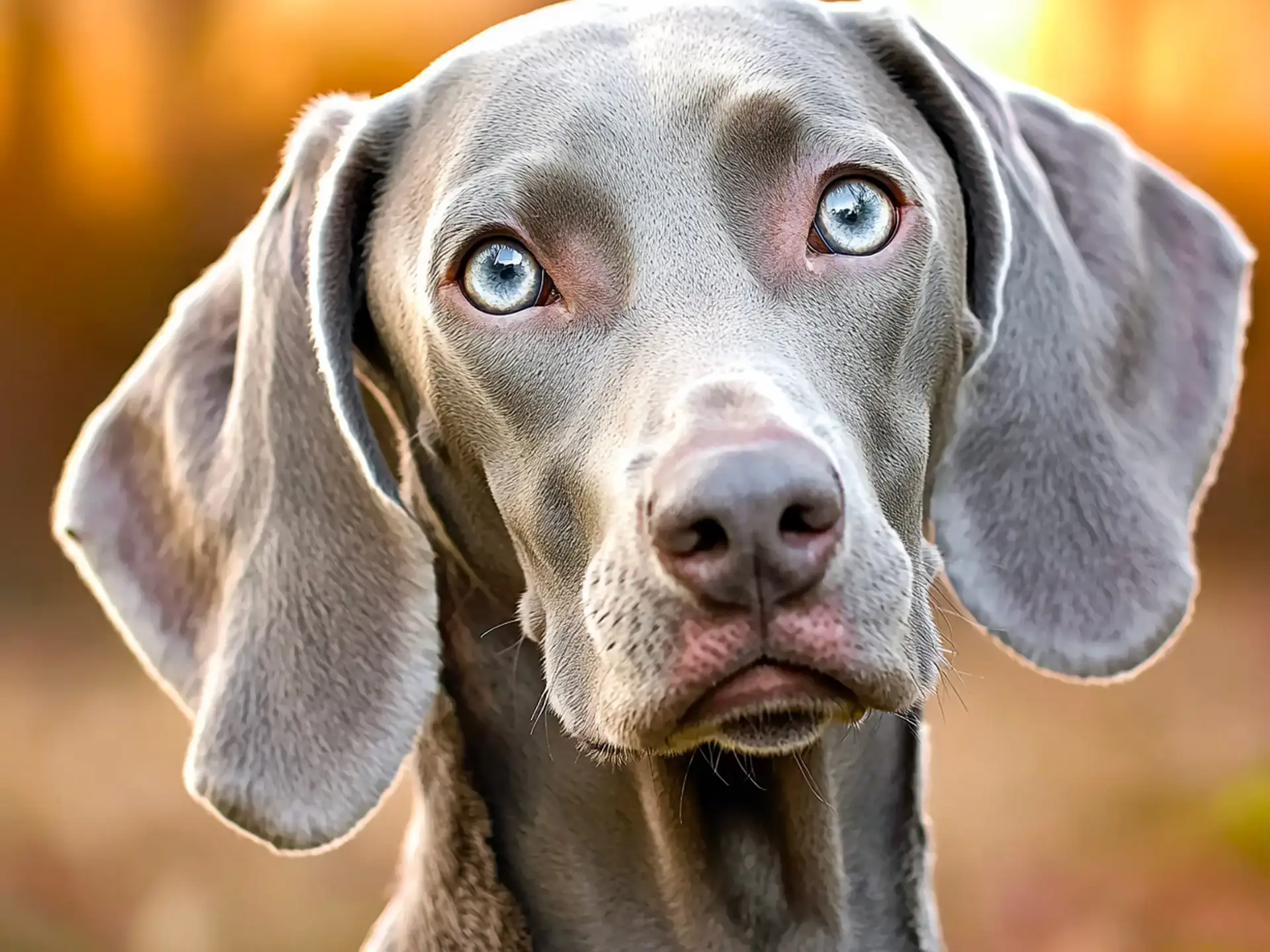 Close-up of a Weimaraner's expressive blue eyes and large floppy ears, capturing its elegant features.