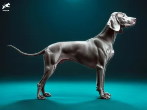 Weimaraner Dog breed full body view standing against green background