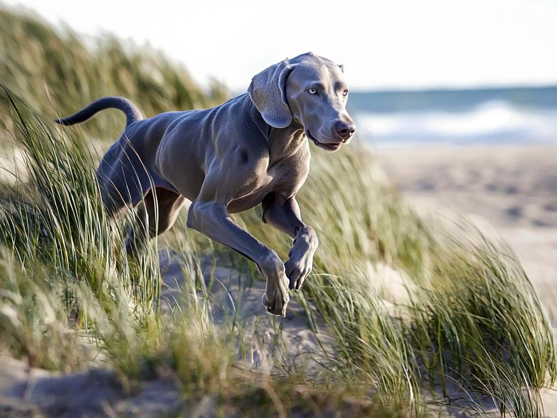 Weimaraner in motion, running energetically along a sandy beach with the ocean in the background.