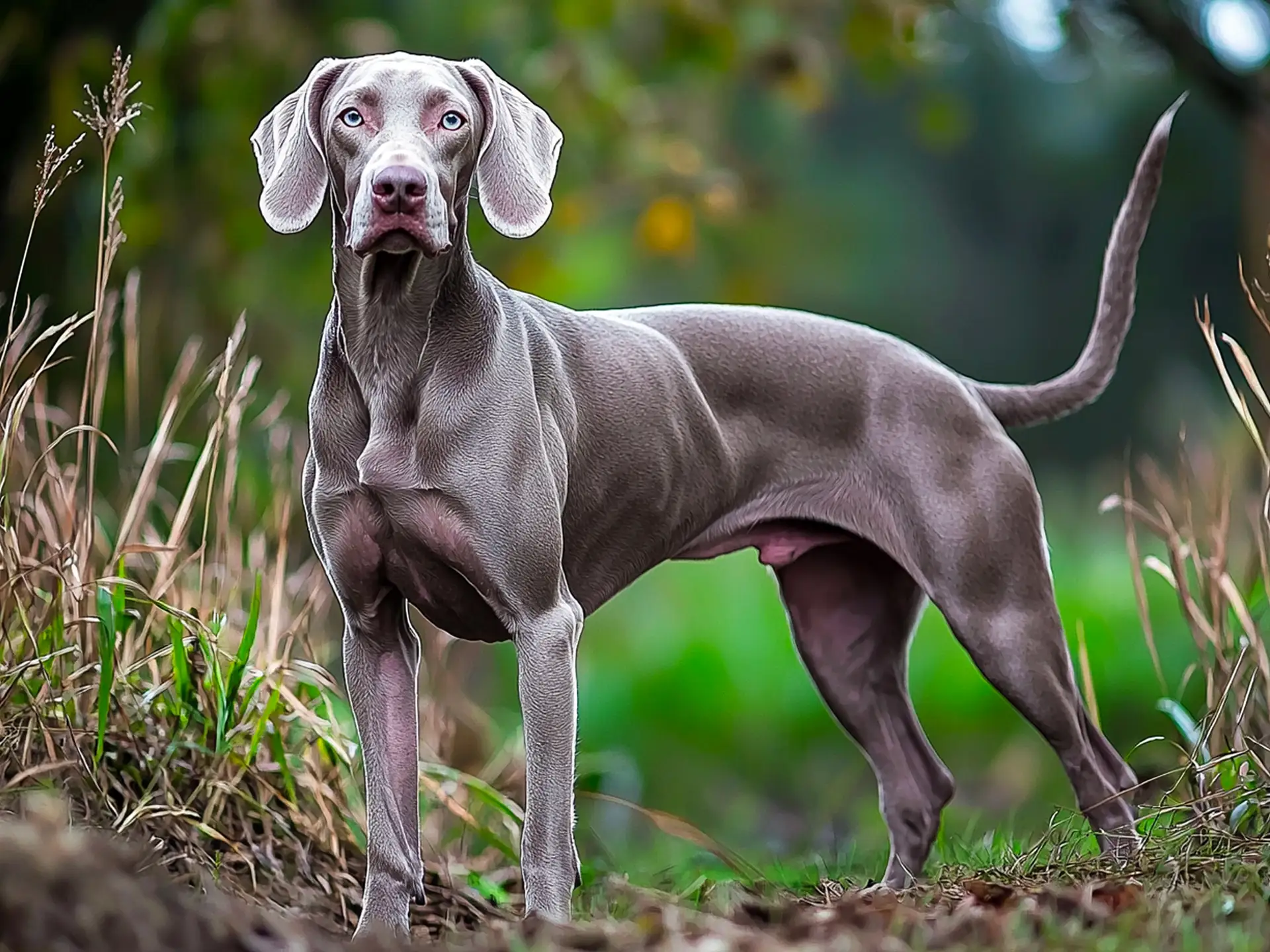 Athletic Weimaraner standing in a field, showcasing its sleek, muscular build and gray coat