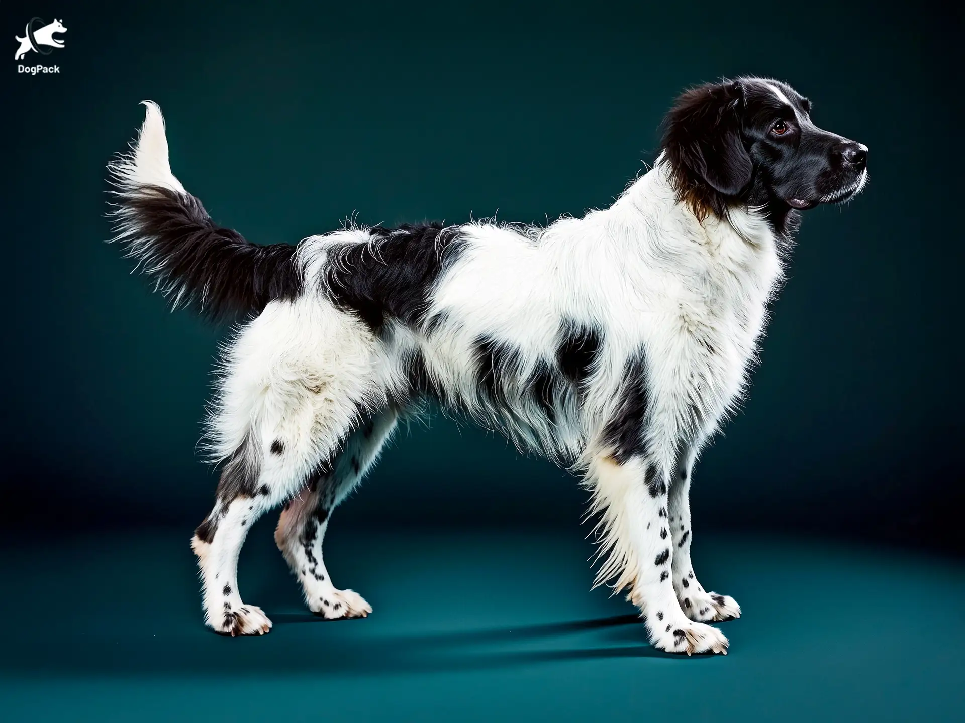 Wetterhoun - Frisian Water Dog breed full body view standing against green background