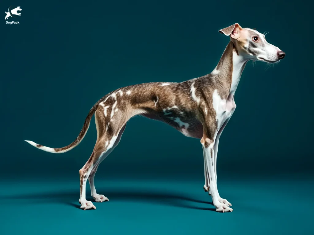 Whippet Dog breed full body view standing against green background