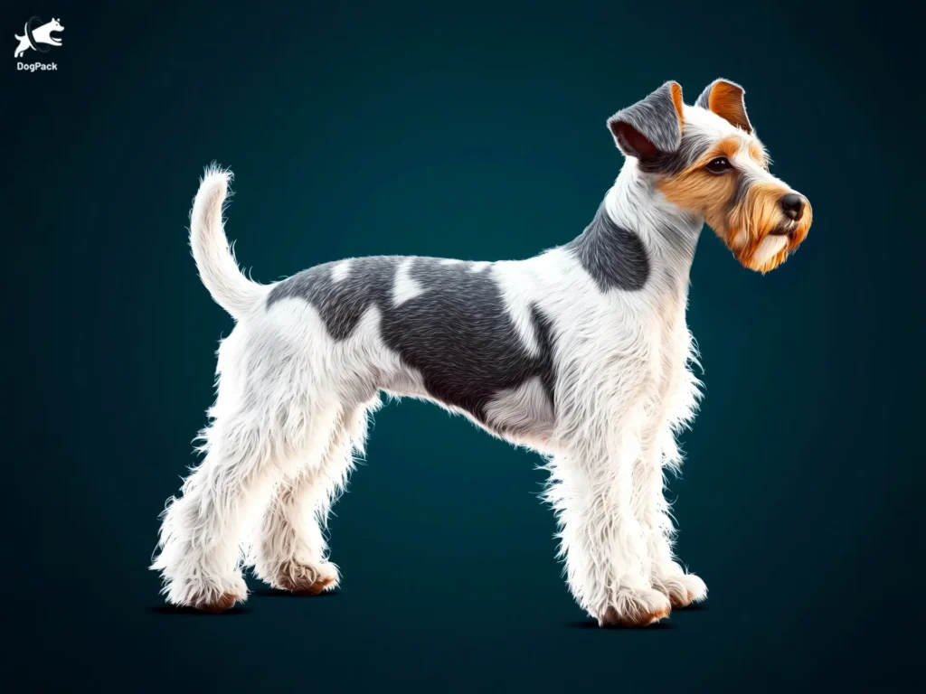 Wire Fox Terrier Dog breed full body view standing against green background