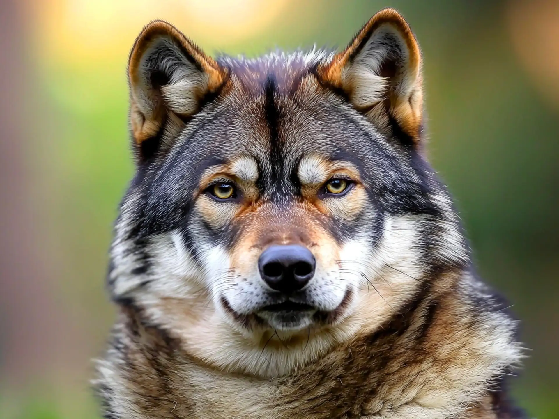 Closeup of a Wolfdog’s face highlighting its piercing yellow eyes and thick fur