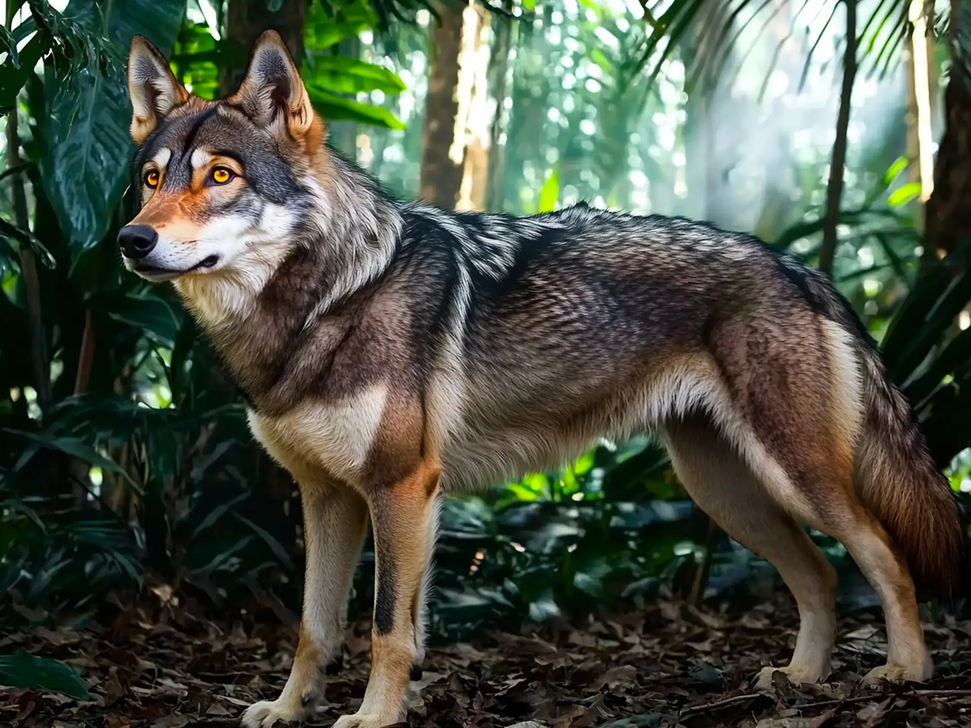 Wolfdog standing alert in a forest setting, showcasing its wolf-like appearance