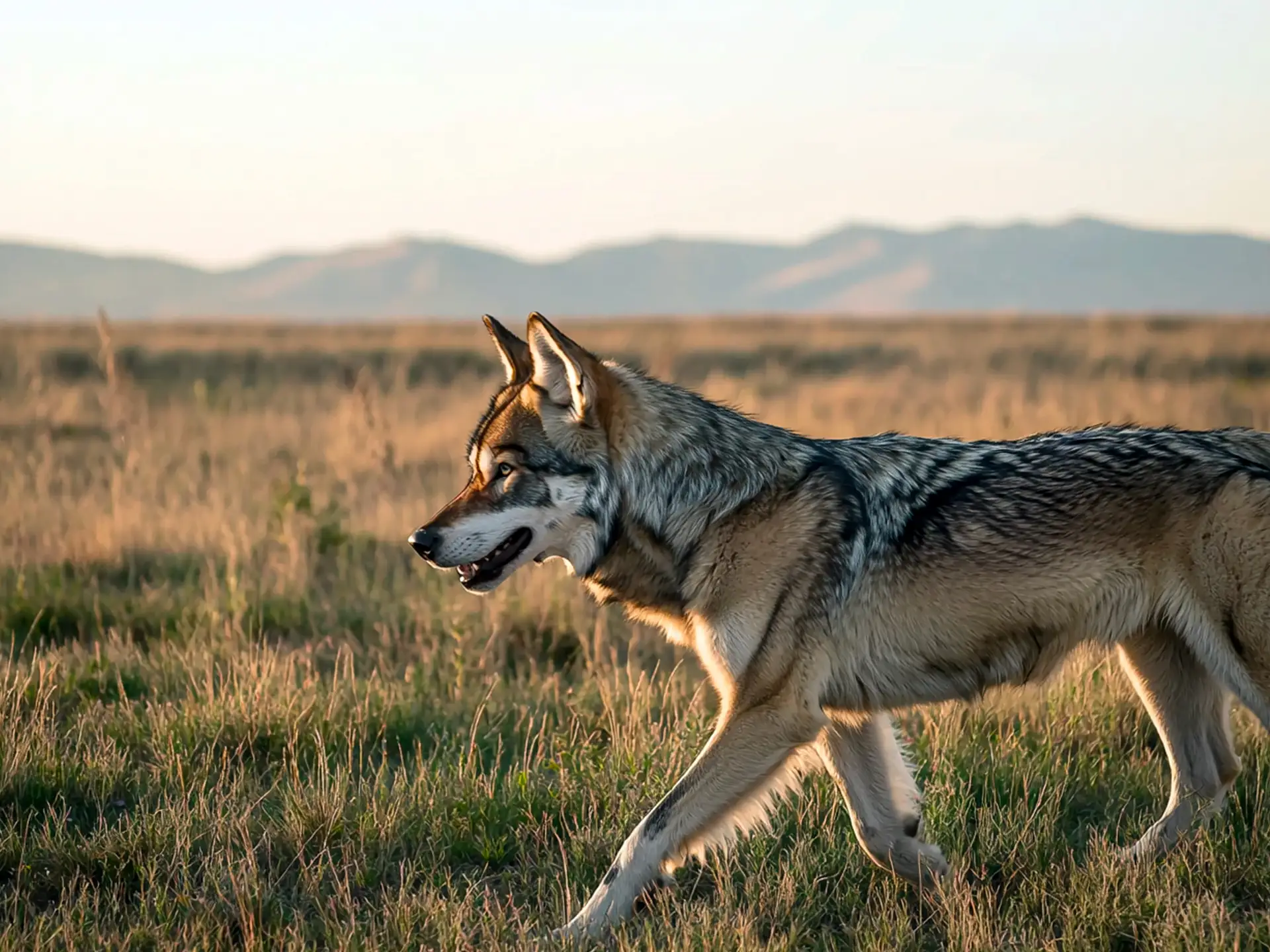 Wolfdog walking through a grassland with mountains in the background