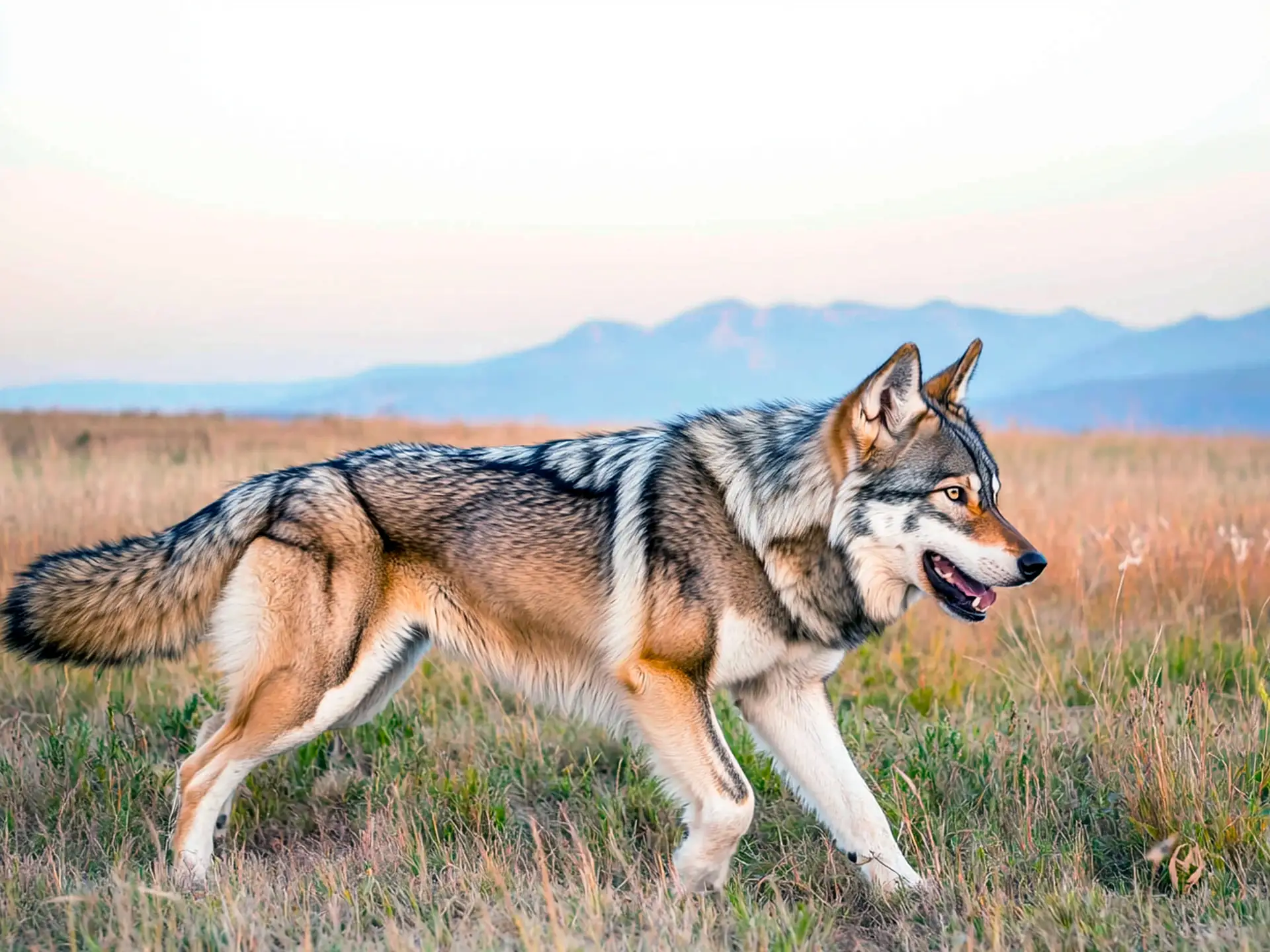 Side profile of a Wolfdog walking in an open field at sunset