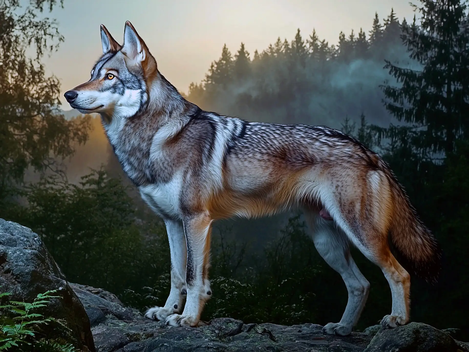 Wolfdog standing on a rocky outcrop, showcasing its muscular build, thick gray coat, and wolf-like features against a twilight forest backdrop.