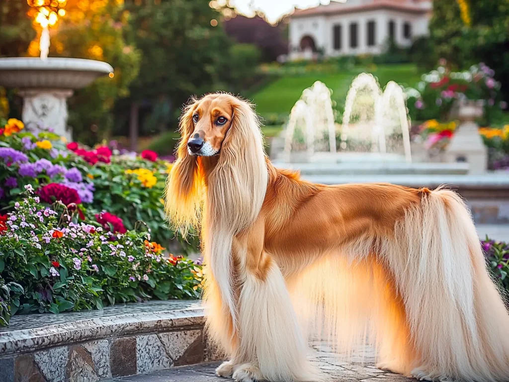 Afghan Hound standing in a luxurious garden, showcasing its long silky coat and elegant posture, symbolizing its status as one of the most expensive dog breeds.