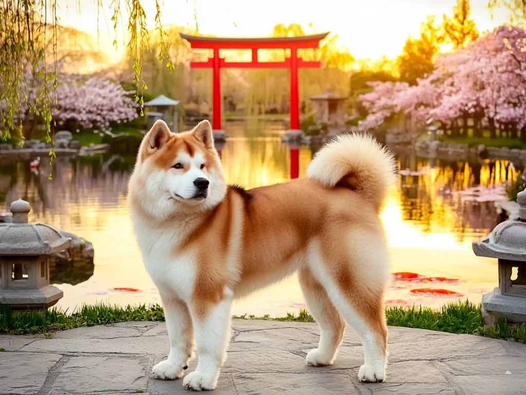 Akita dog in a traditional Japanese garden, showcasing its thick coat and loyal stance, symbolizing its heritage and value as one of the most expensive dog breeds.