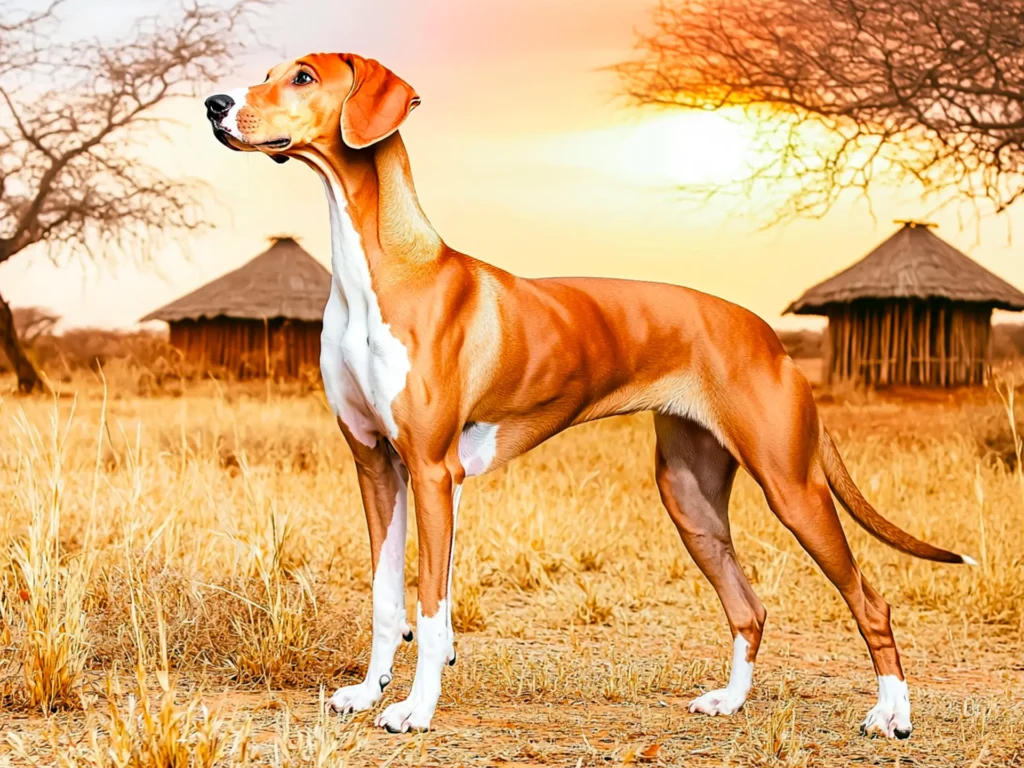 Azawakh standing in a sunlit African savannah, showcasing its slender frame, fawn coat, and graceful posture, symbolizing its rarity and value as one of the most expensive dog breeds.