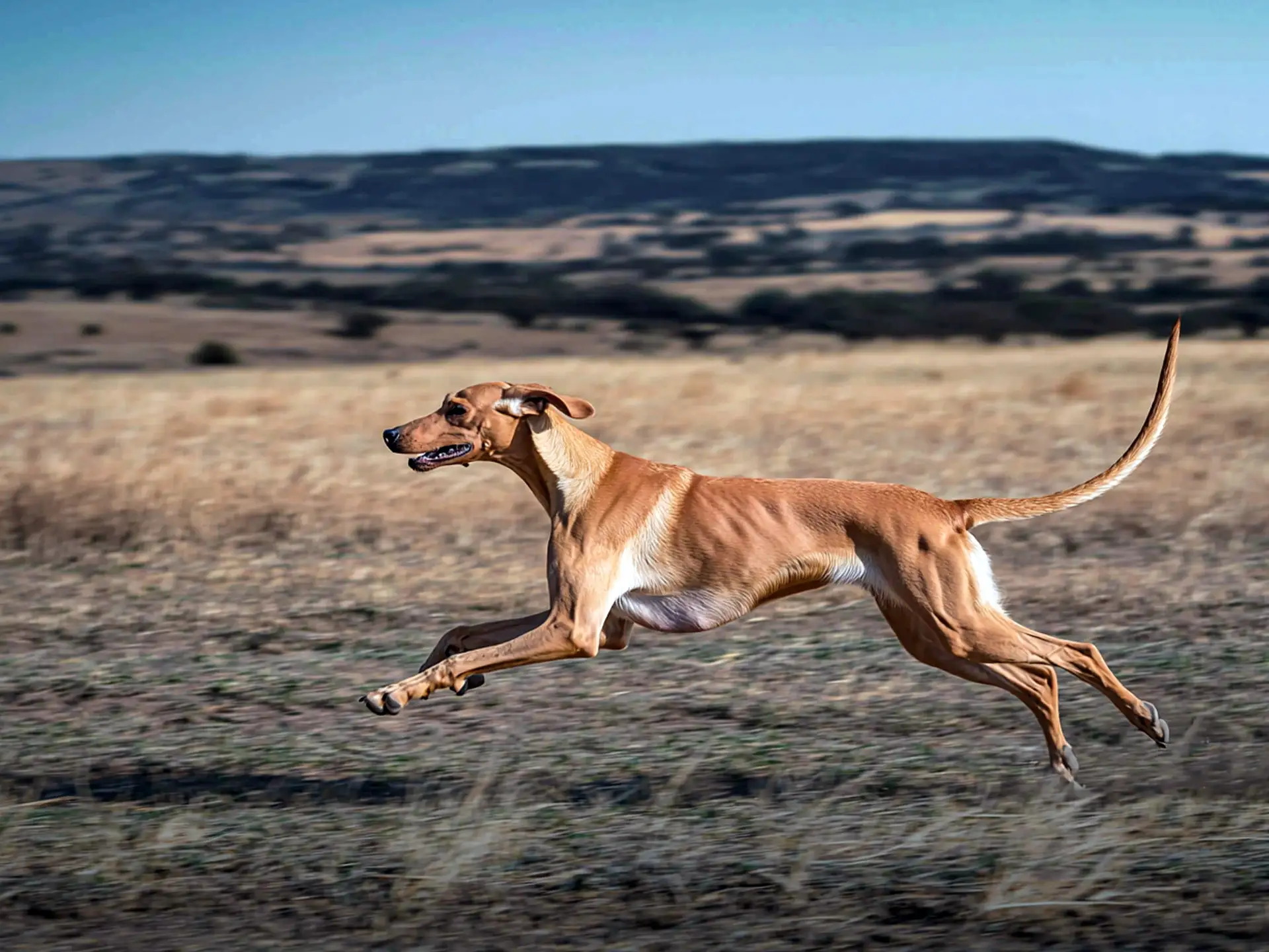 Azawakh dog running freely in the open Sahara plain, highlighting its speed and agility