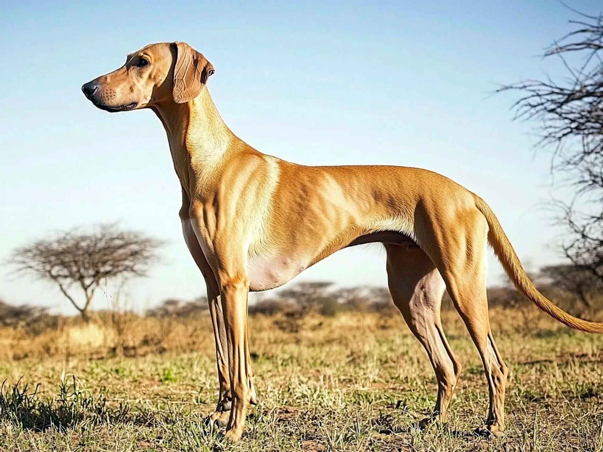 Azawakh dog standing elegantly in the Sahara desert, showcasing its slim and athletic build