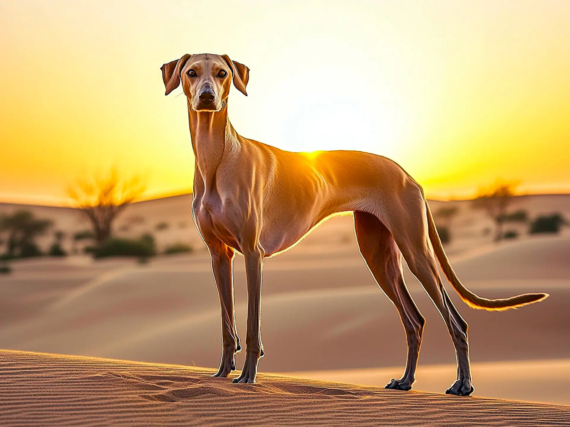 Azawakh dog standing in the desert at sunset, highlighting its elegant and slender physique.