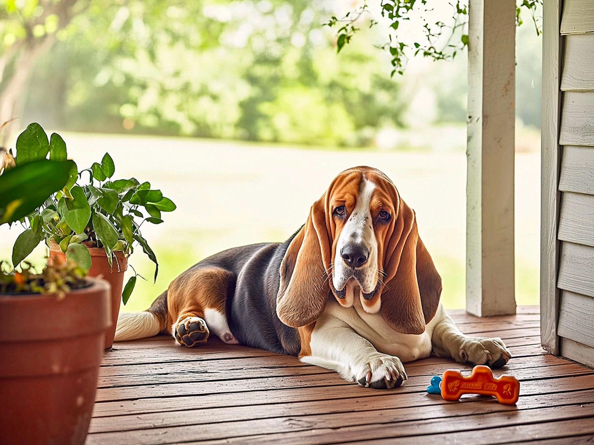 Basset Hound relaxing on a shaded porch, showcasing its low-maintenance coat and laid-back, easygoing personality as the perfect companion.