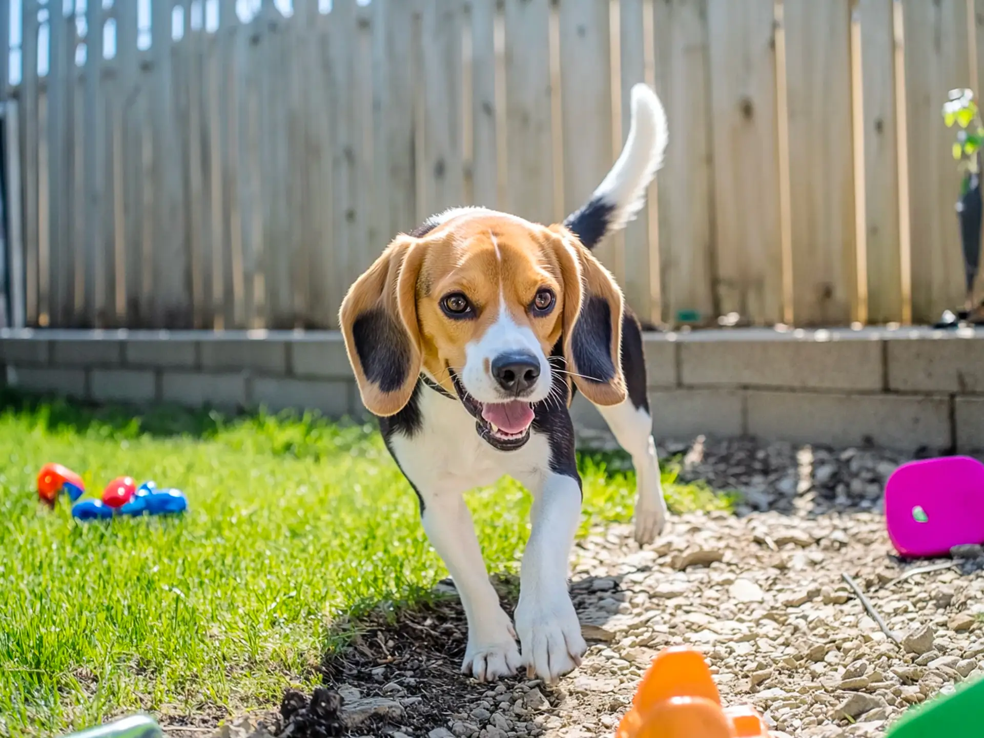 Beagle exploring a sunny backyard, showcasing its low-maintenance grooming needs and adventurous yet easygoing nature, perfect for active families.