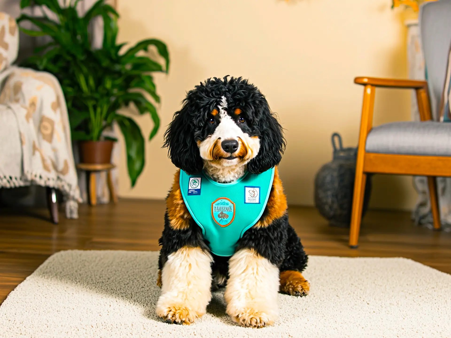 Bernedoodle therapy dog wearing a turquoise vest, sitting calmly on a soft rug in a cozy therapy room, highlighting its warm and approachable nature for emotional support.