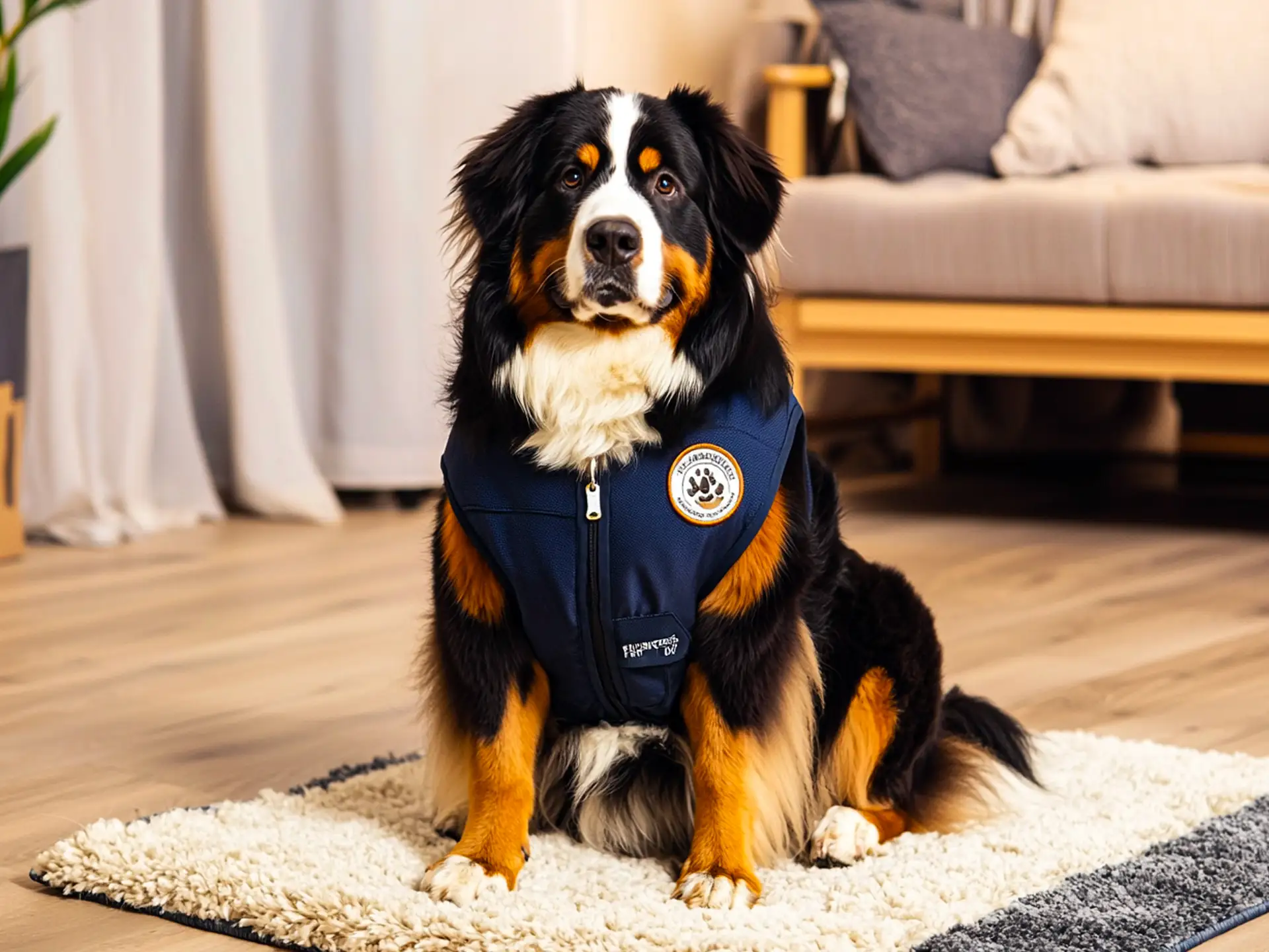 Bernese Mountain Dog therapy dog with a dark blue vest, sitting calmly in a cozy therapy room, known for its gentle and dependable nature perfect for emotional support.